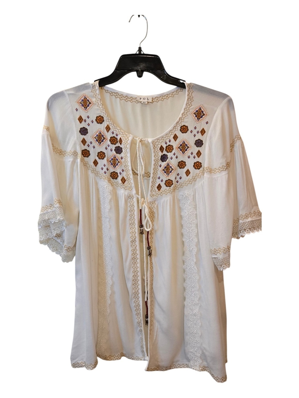 Peasant -Boho Embroidered Cream Peasant Top - POL Open Front Size M Colorful